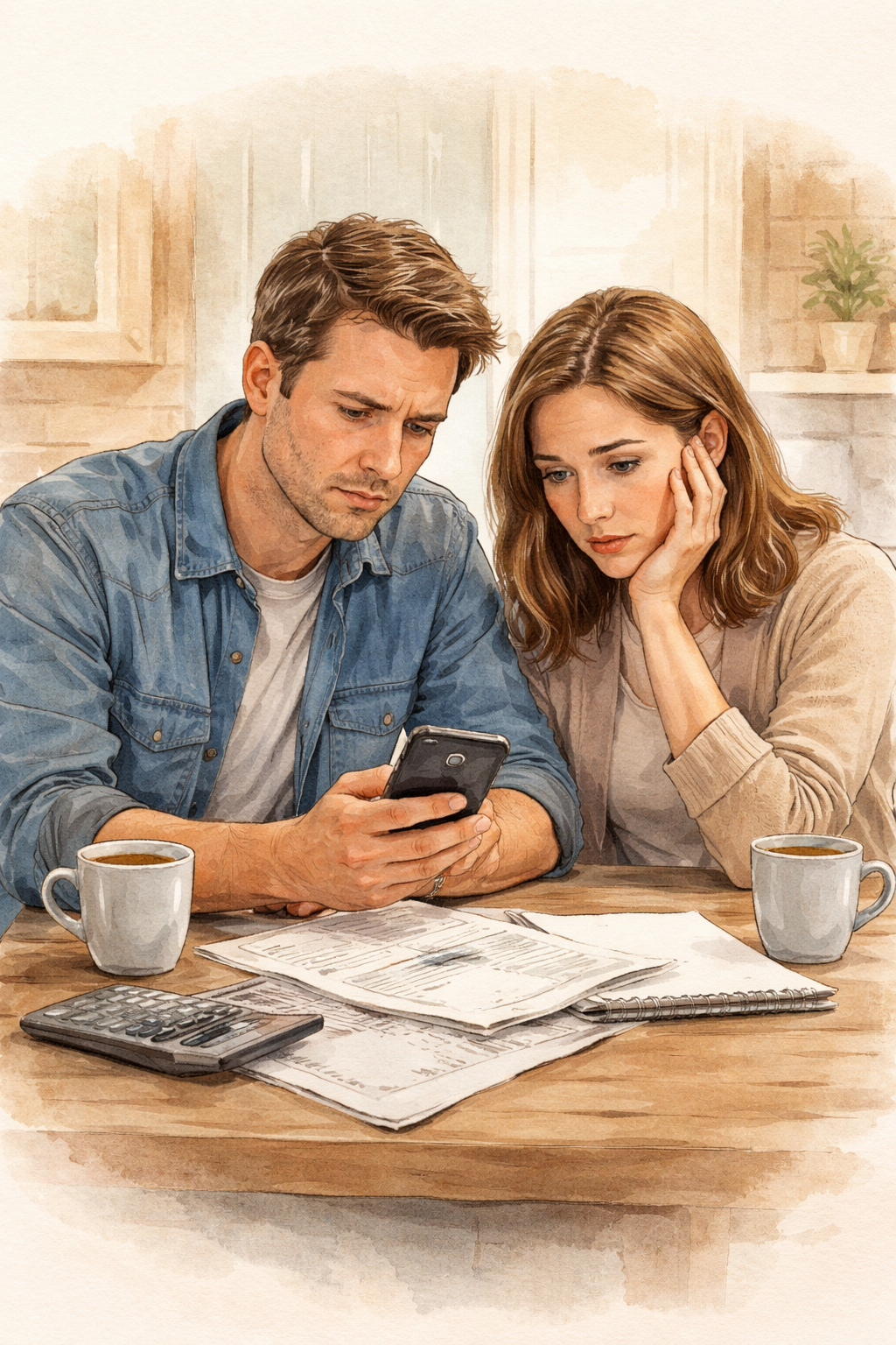 A couple sitting at a kitchen table looking concerned while reviewing their phone and bills.